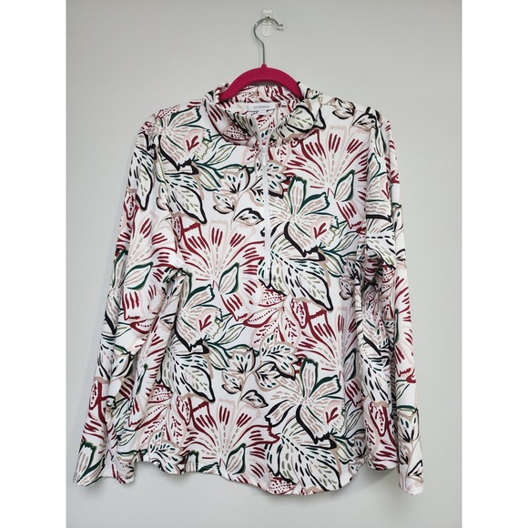 Chico's Tops - Chicos Size 3 Floral Quarter Zip Pullover Top Womens XL/16 White Red Green Golf